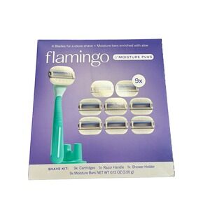 Flamingo Moisture Plus Shave Kit 9 Cartridges Razor Handle Shower Holder Aloe
